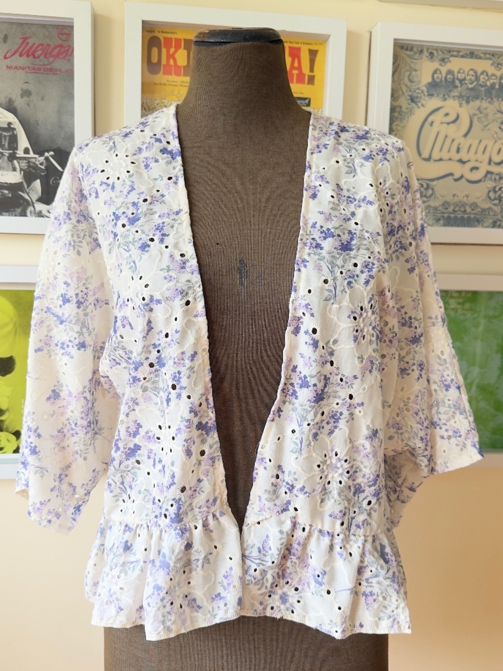 White & Lilac Floral Broderie Anglaise Kimono Blouse | Eyelet Embroidery Ruffle